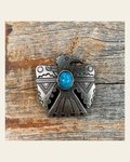 Antique Silver Turquoise Thunderbird Concho 1.5" W181L on a warm cream background