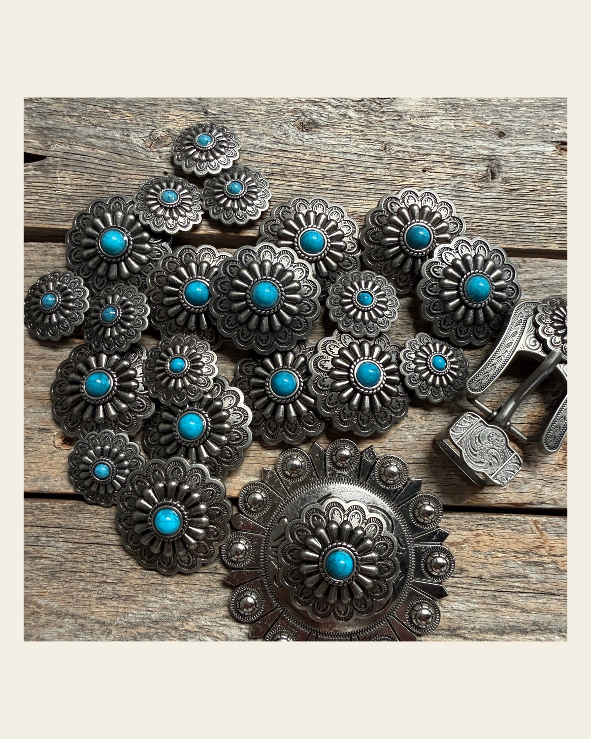 Antique Silver Turquoise Western Concho W203 on a warm cream background