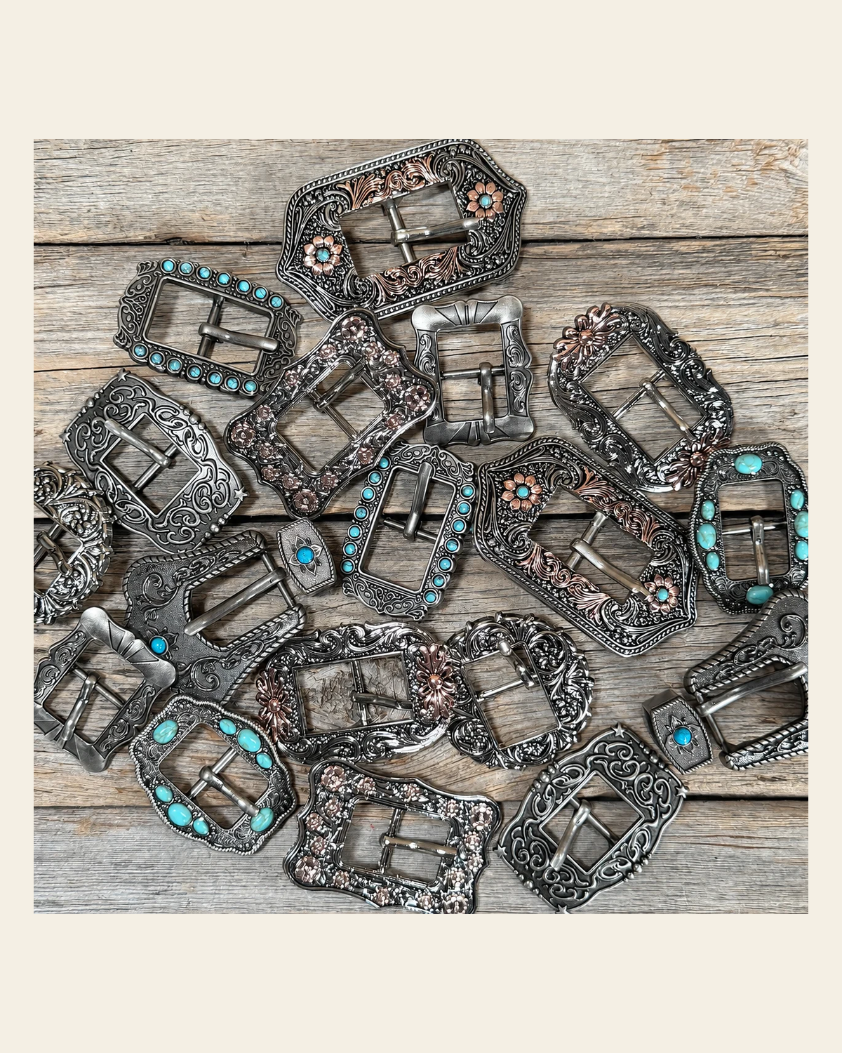 Antique Silver Western Buckles - Assorted on a warm cream background
