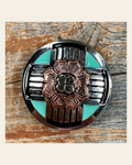 Antique Silver with Copper Flower Concho 1.5" W190L on a warm cream background