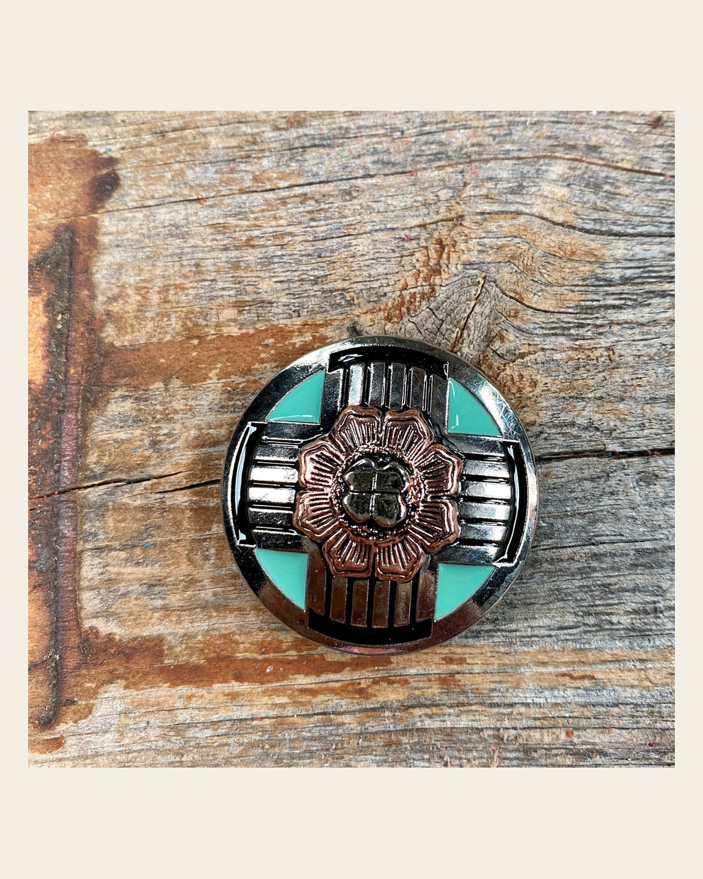 Antique Silver with Copper Flower Concho 1" W190S on a warm cream background