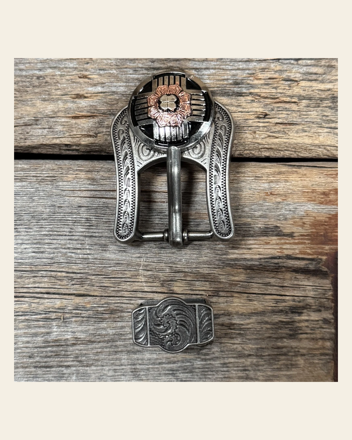 Antique Silver with Copper Flower Western Concho Buckle Adapter W217ASBA on a warm cream background