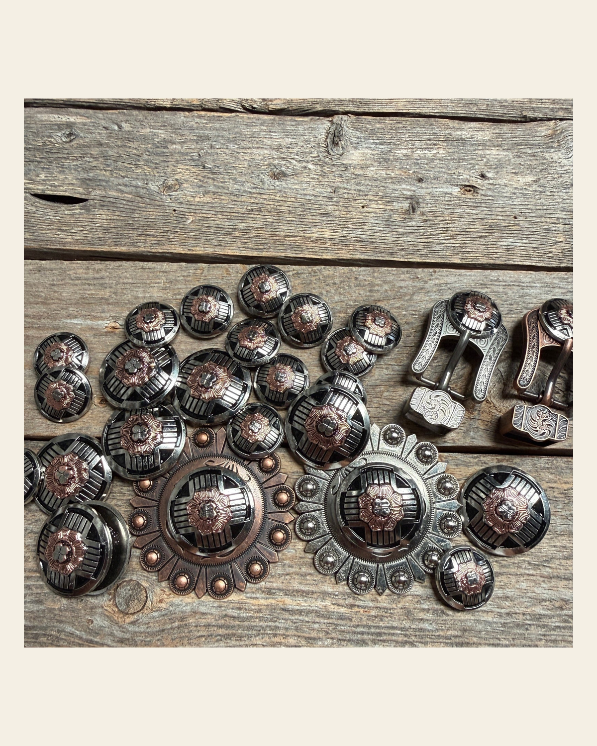 Antique Silver with Copper Flower Western Concho W217 on a warm cream background