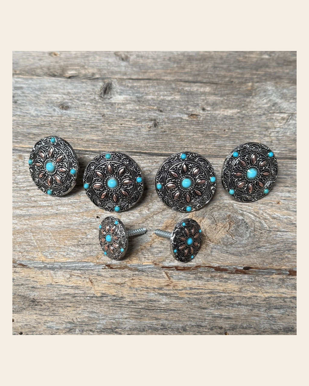 Antique Silver with Copper Petals and Turquoise Saddle Set SSW246 on a warm cream background