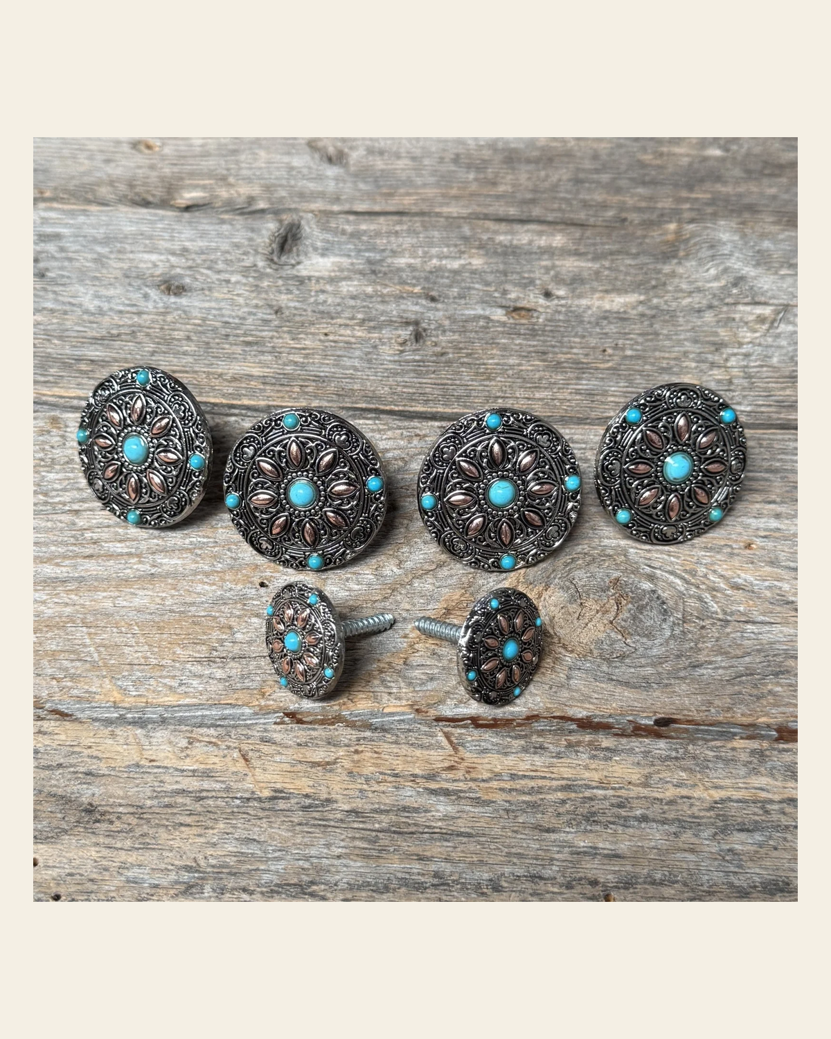 Antique Silver with Copper Petals and Turquoise Saddle Set SSW246 on a warm cream background