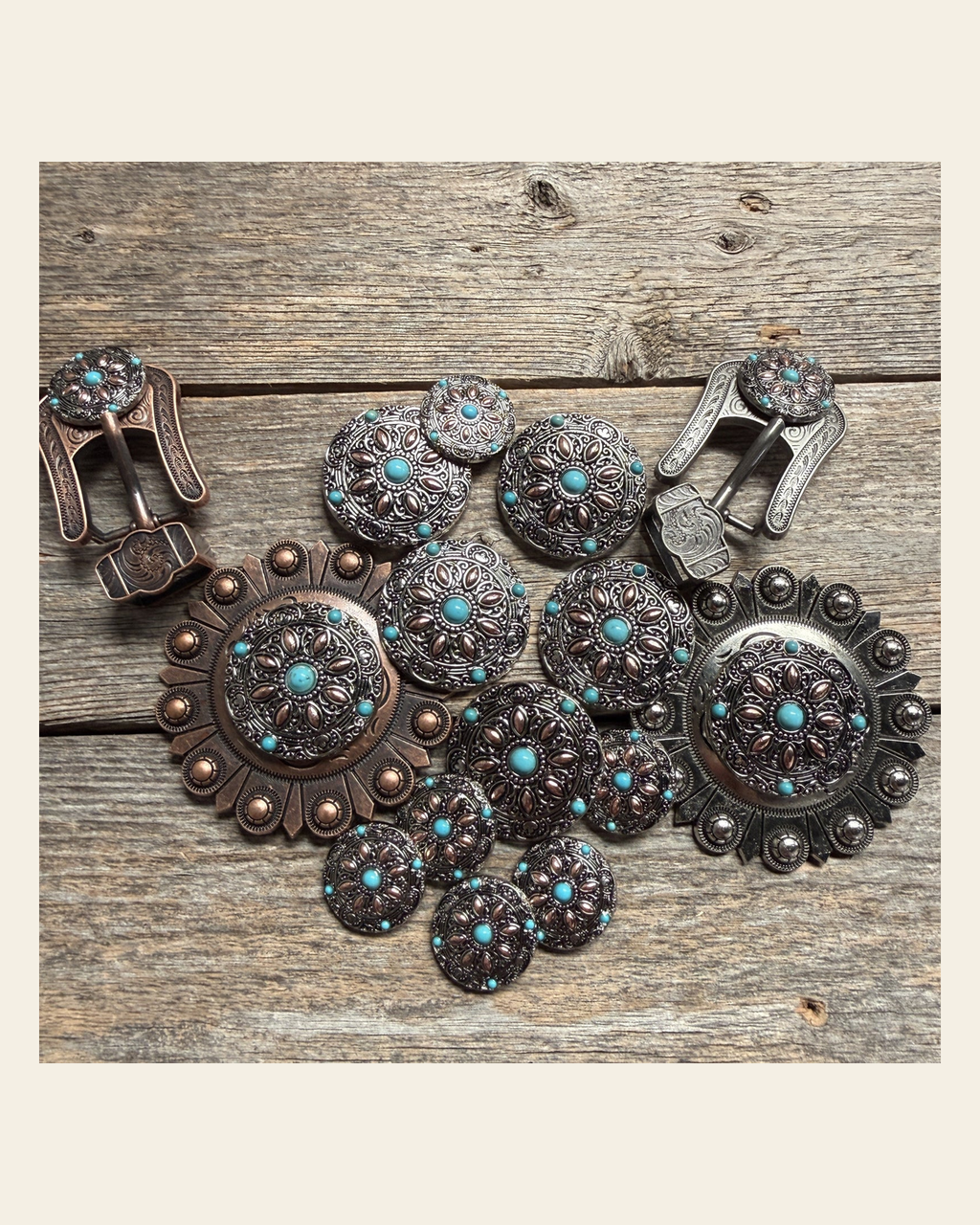 Antique Silver with Copper Petals and Turquoise Western Concho W246 on a warm cream background