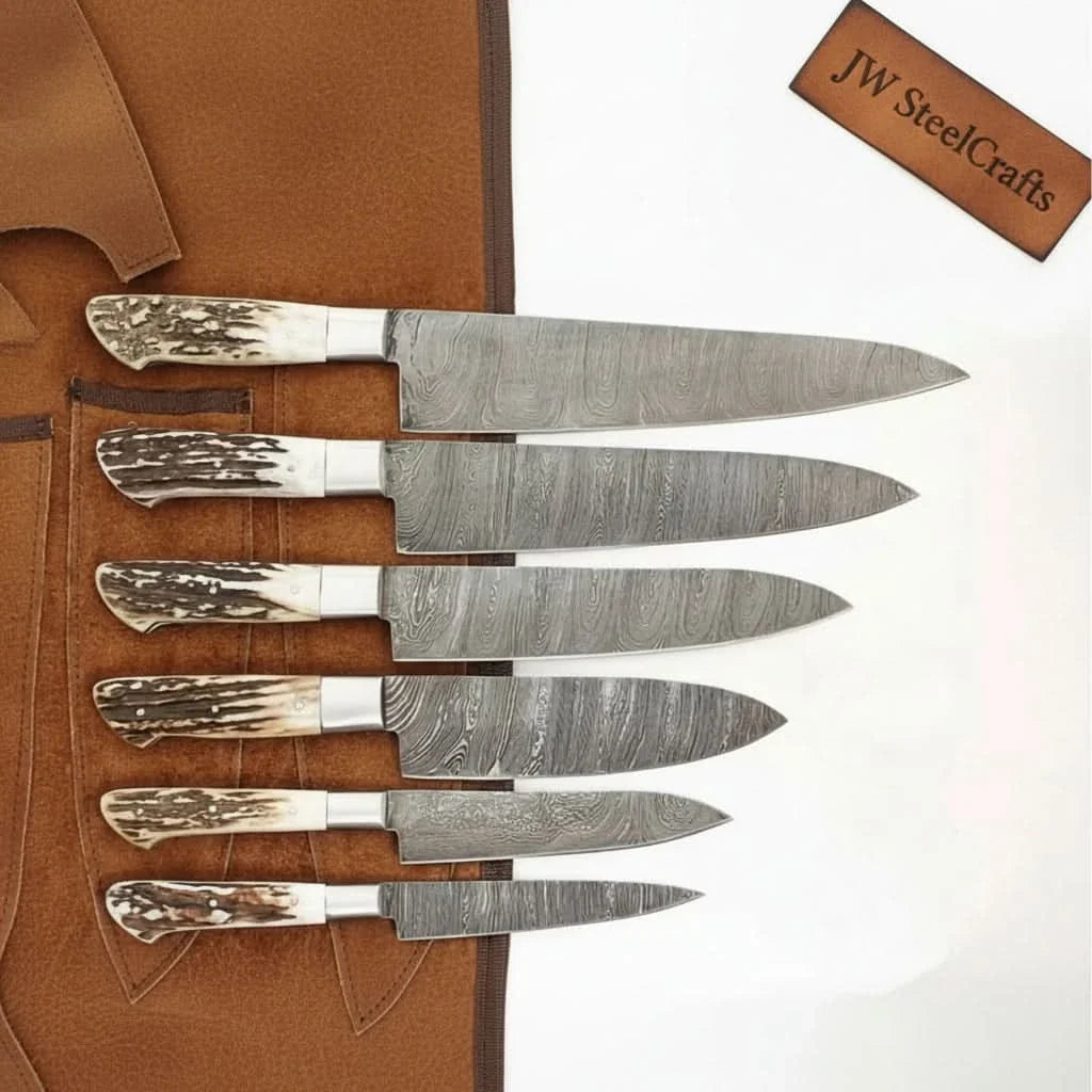 7-Piece Damascus Kitchen Knife Set — Synthetic Stag Horn Handles, Brass Bolsters & Full Tang Forged Blades