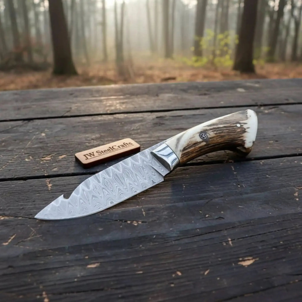 Handmade Damascus Gut Hook Skinner Knife With Deer Horn Handle