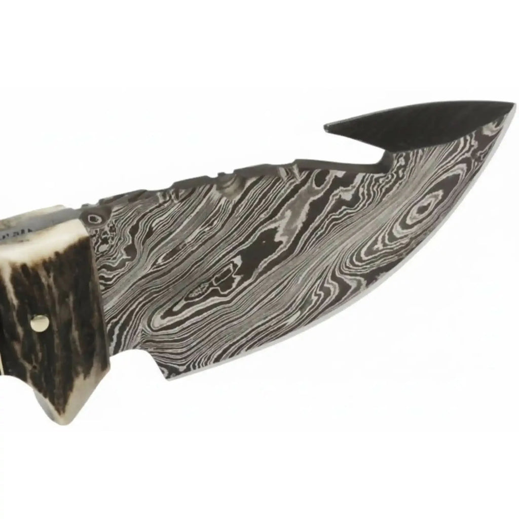 Damascus Steel Skinner Knife w/ Stag Handle and Gut Hook Fixed Blade Knife