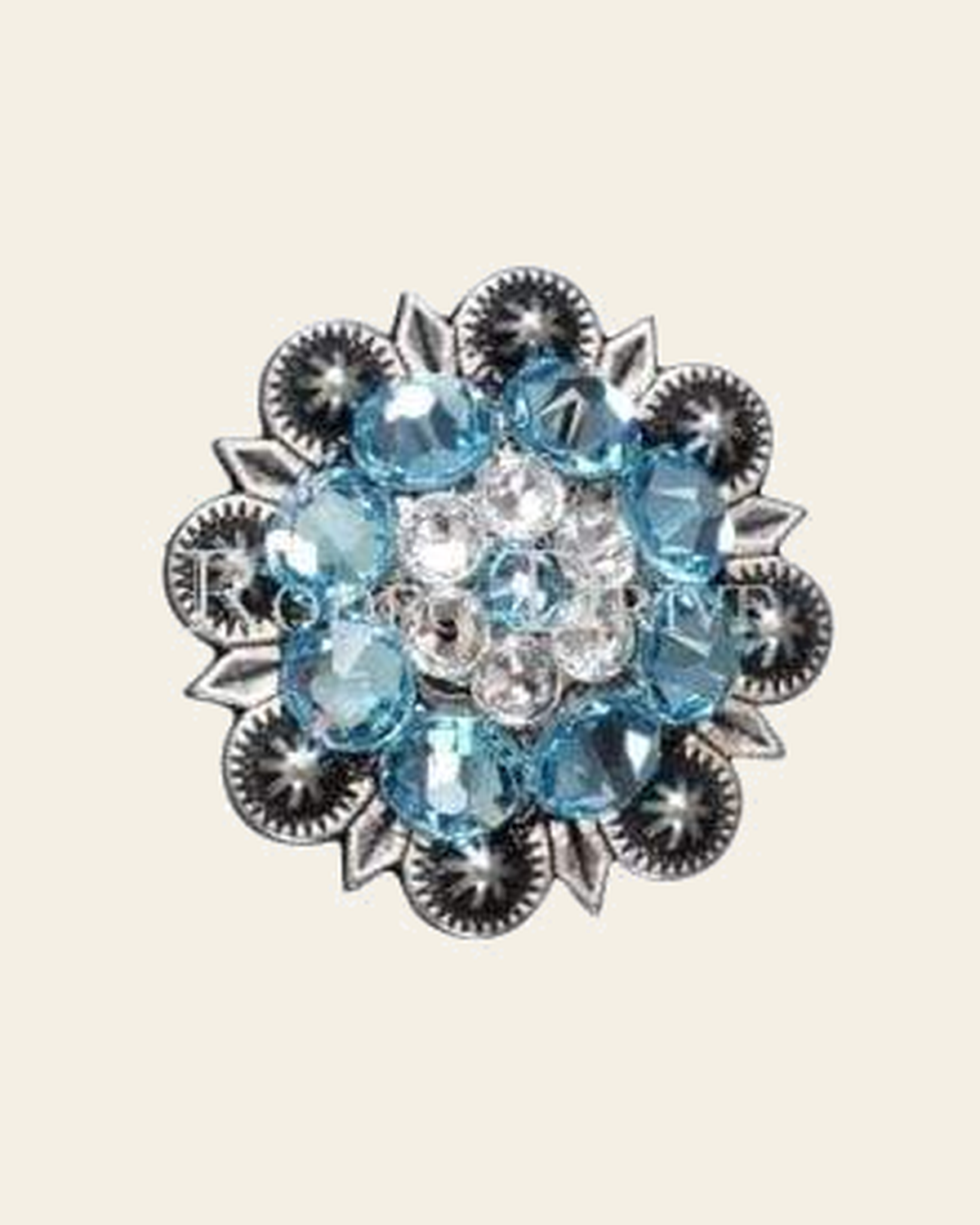 Aqua & Clear Antique Silver 1.25" European Crystal Concho on a warm cream background