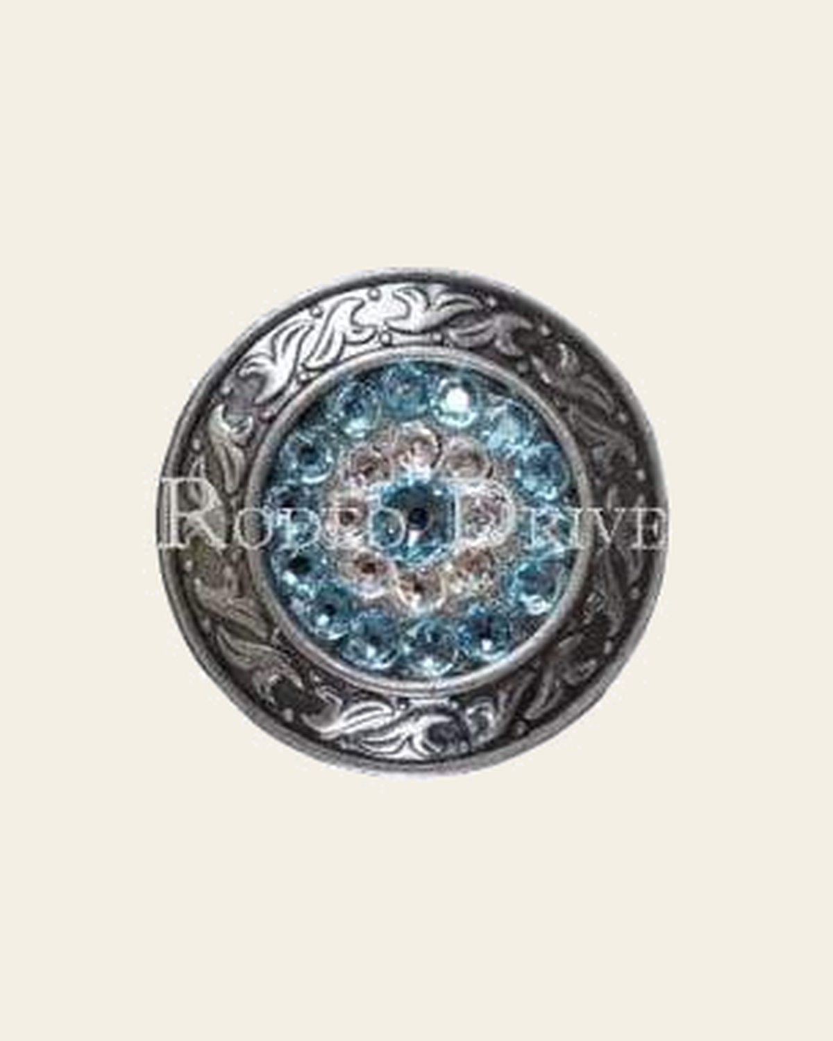 Aqua & Clear Antique Silver 1.5" Disc European Crystal Concho on a warm cream background