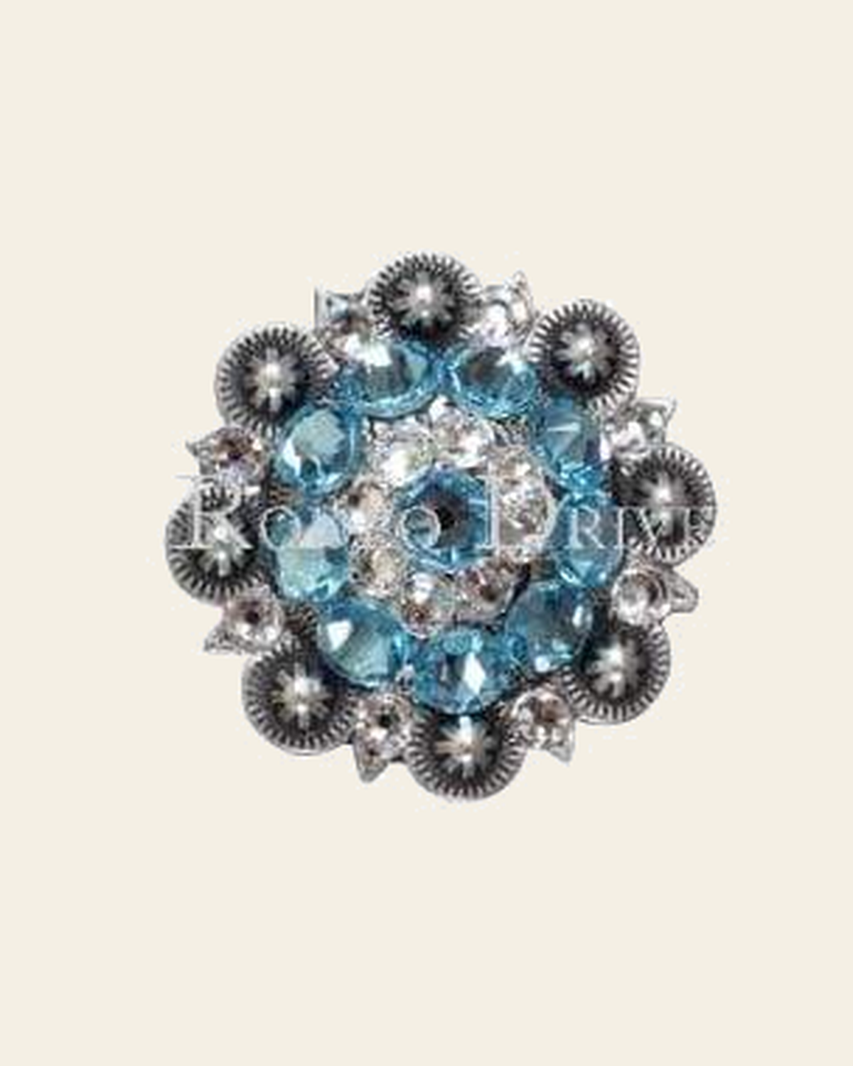 Aqua & Clear Antique Silver 1.5" European Crystal Concho on a warm cream background