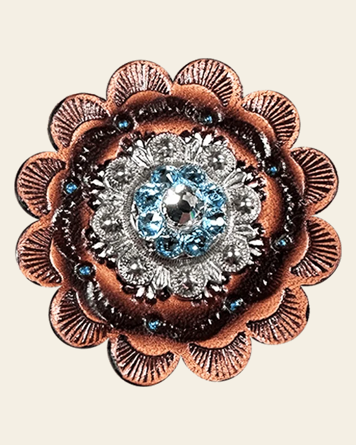 Aqua & Clear Antique Silver 1" European Crystal Concho and Leather Rosette on a warm cream background