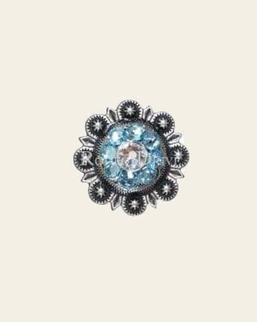 Aqua & Clear Antique Silver 1" European Crystal Concho on a warm cream background