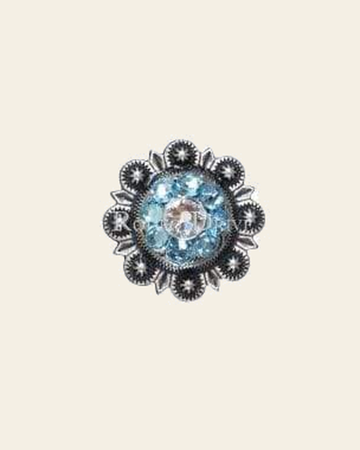 Aqua & Clear Antique Silver 1" European Crystal Concho on a warm cream background