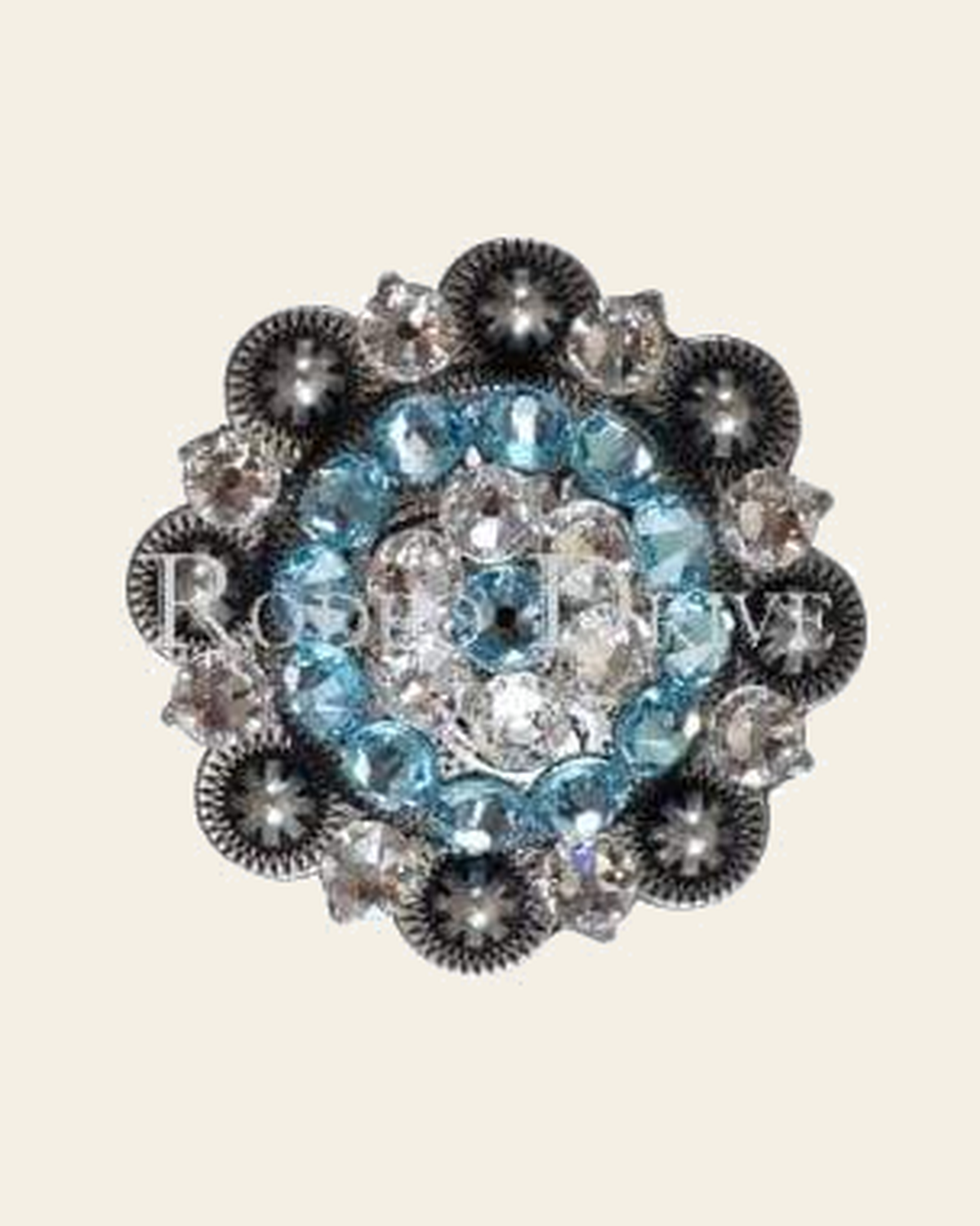 Aqua & Clear Antique Silver 2" European Crystal Concho on a warm cream background