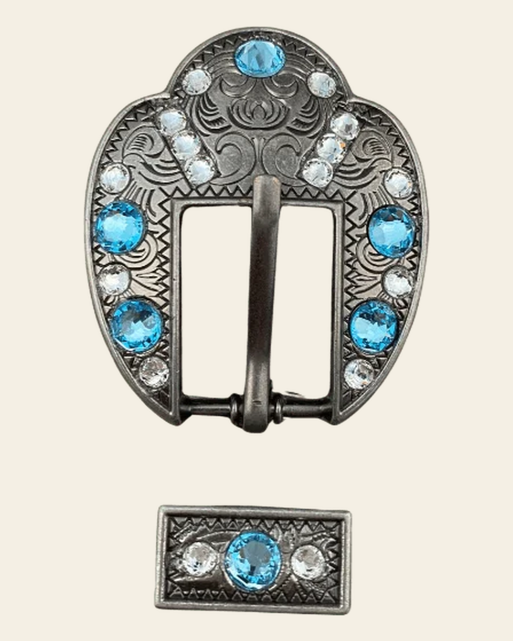 Aqua & Clear Antique Silver European Crystal Fancy Buckle on a warm cream background