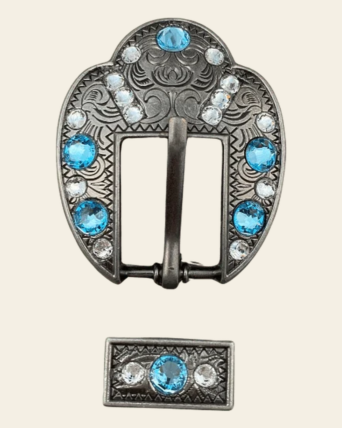 Aqua & Clear Antique Silver European Crystal Fancy Buckle on a warm cream background