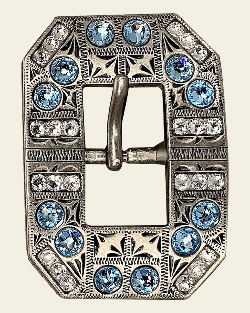 Aqua & Clear Antique Silver European Crystal Square Cart Buckle on a warm cream background