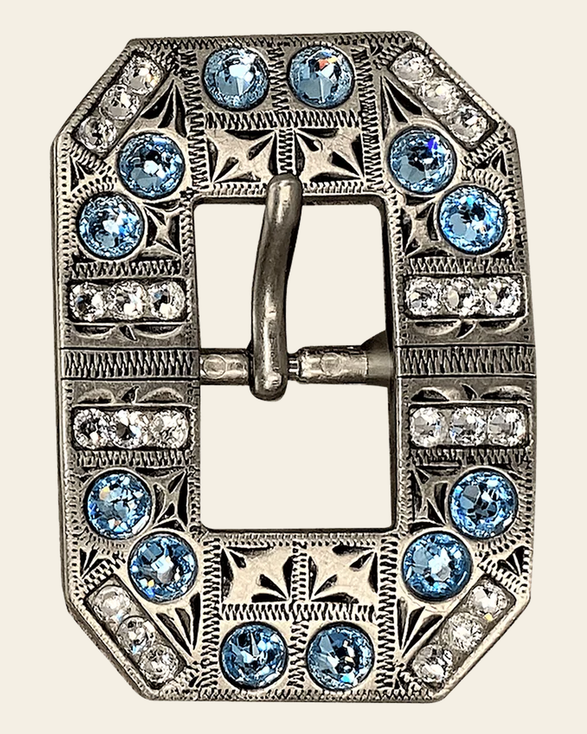 Aqua & Clear Antique Silver European Crystal Square Cart Buckle on a warm cream background