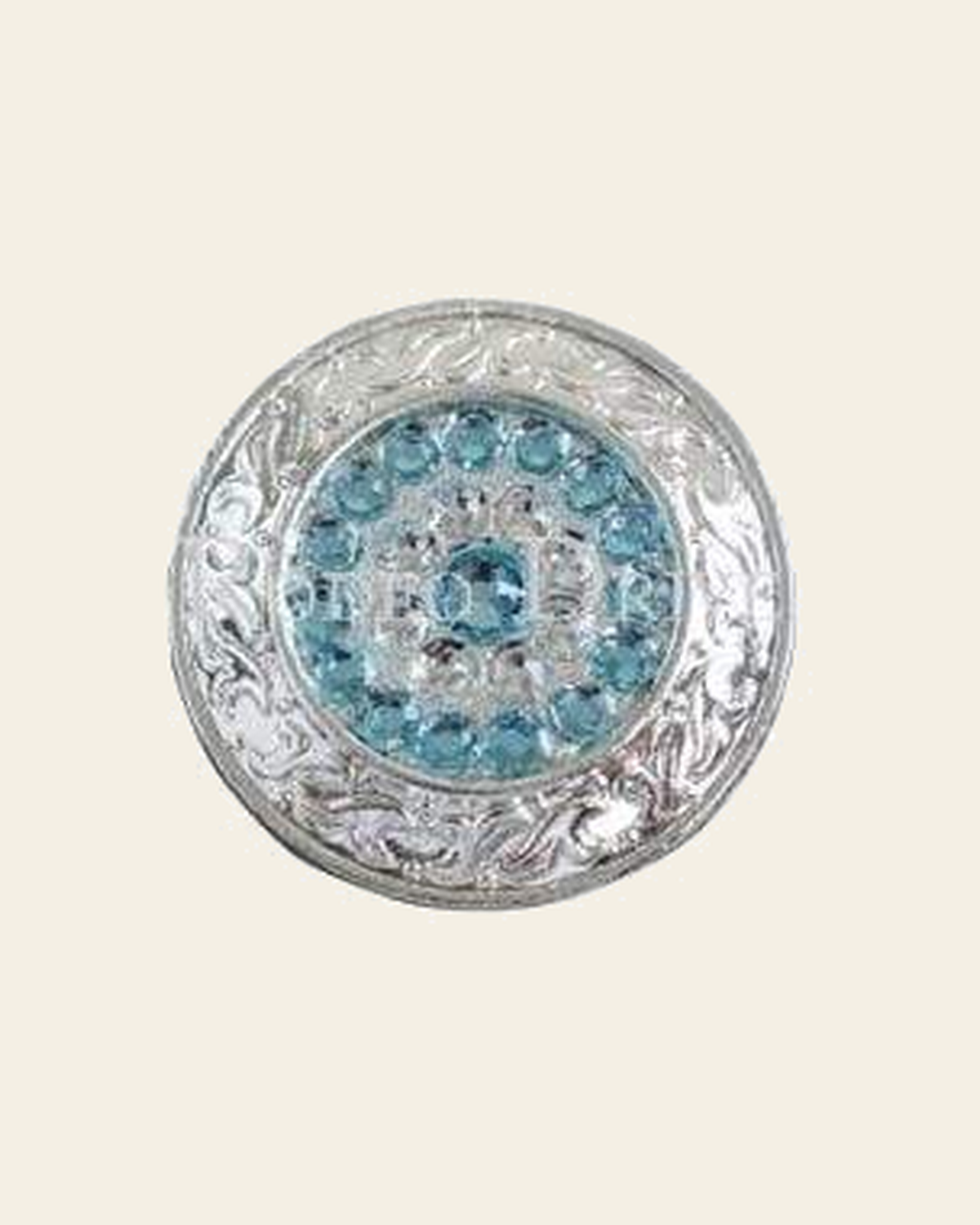 Aqua & Clear Bright Silver 1.5" Disc European Crystal Concho on a warm cream background