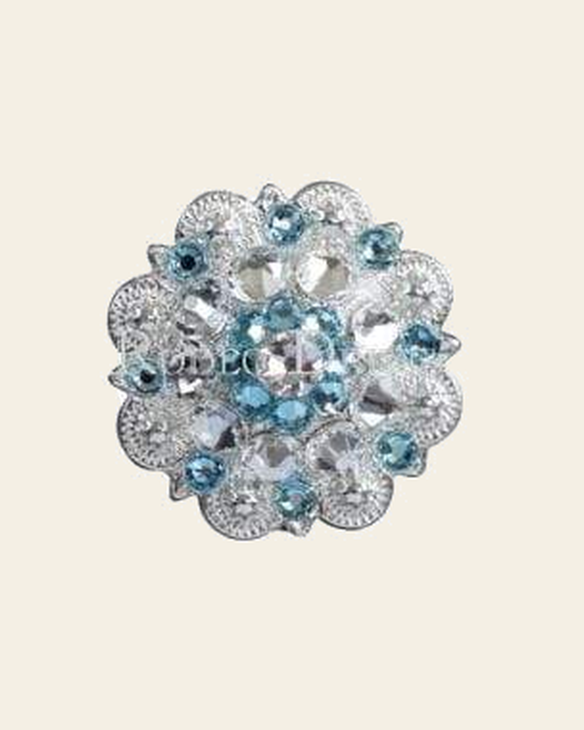 Aqua & Clear Bright Silver 1.5" European Crystal Concho on a warm cream background