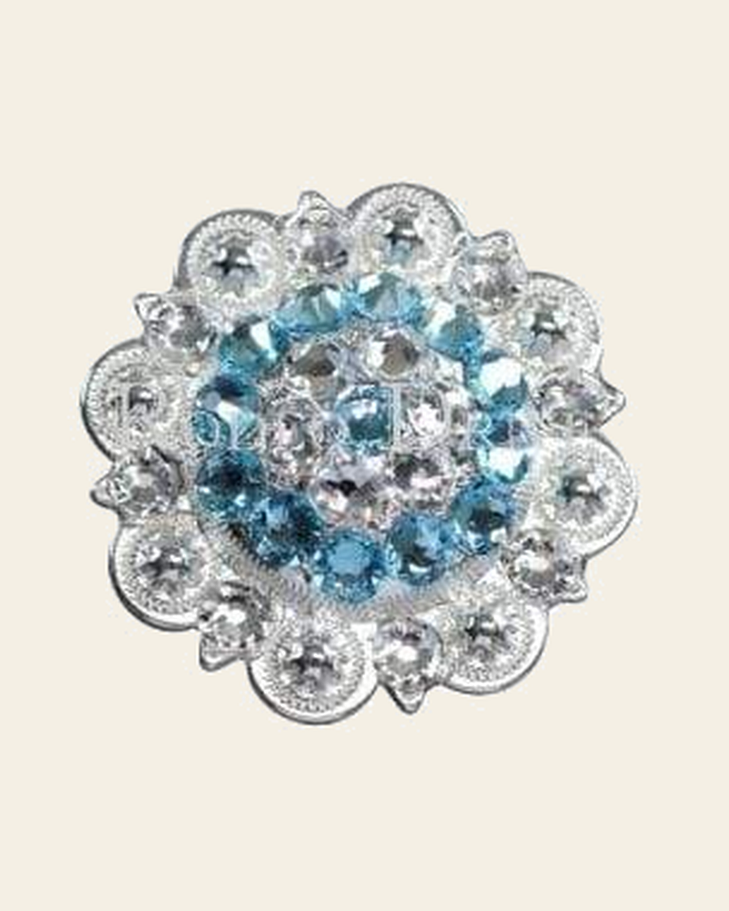 Aqua & Clear Bright Silver 2" European Crystal Concho on a warm cream background