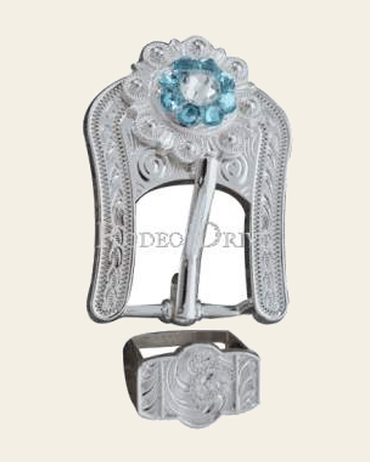 Aqua & Clear Bright Silver European Crystal Buckle Keeper Set on a warm cream background