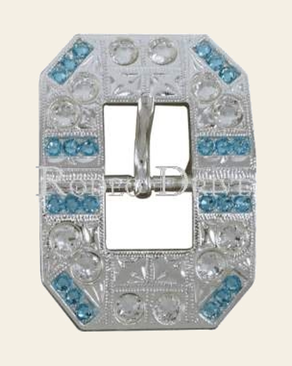 Aqua & Clear Bright Silver European Crystal Square Cart Buckle on a warm cream background
