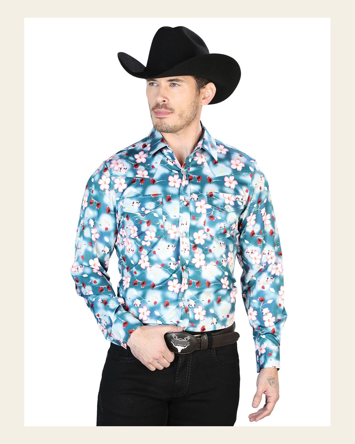 Aqua Flowers Casual Long Sleeve Shirt 43943 on a warm cream background