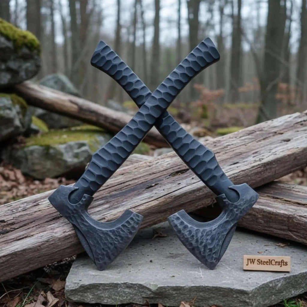 Forged Tool Axe Duo – Textured Steel Heads with Sculpted Hardwood Handles and Leather Sheaths