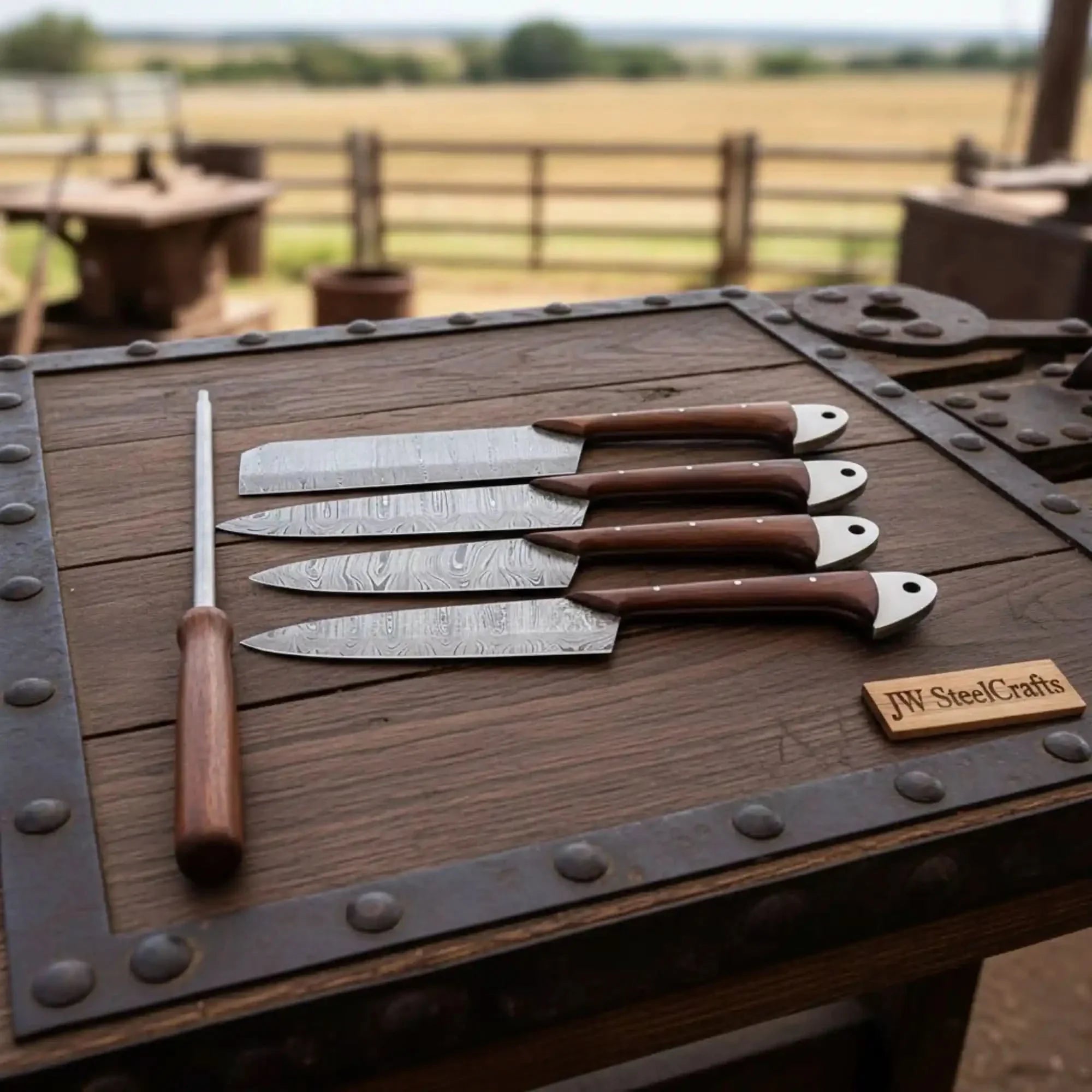 4-Piece Handmade Damascus Kitchen Knife Set – Rosewood Handles, Steel Bolsters & Brass Pins | Chef, Santoku, Cleaver & Utility | Leather Roll & Honing Rod Included