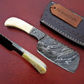 7-Inch Compact Damascus Mini Cleaver — Fire Pattern Blade, Camel Bone Handle, Steel Bolster & Leather Sheath | JW Steel Crafts