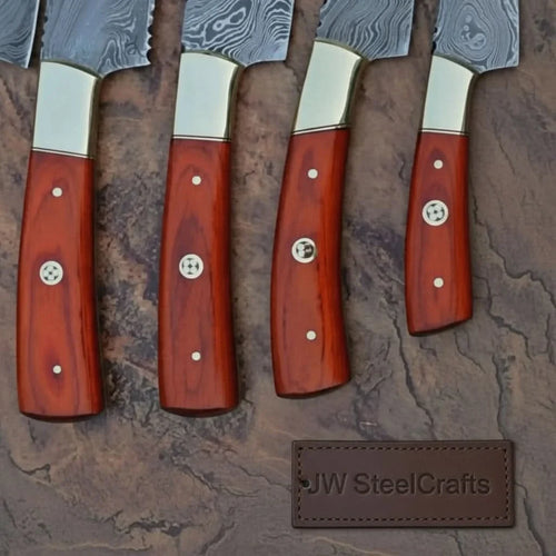 5 Piece Damascus Kitchen Knife Set with Rosewood Handles, Cleaver Bread Chef Utility and Paring Knives, Handmade Professional Cooking Set