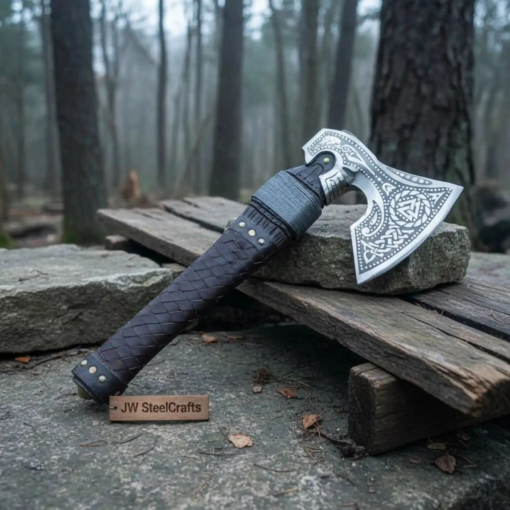 Engraved Norse Valknut Hatchet with Braided Leather Handle