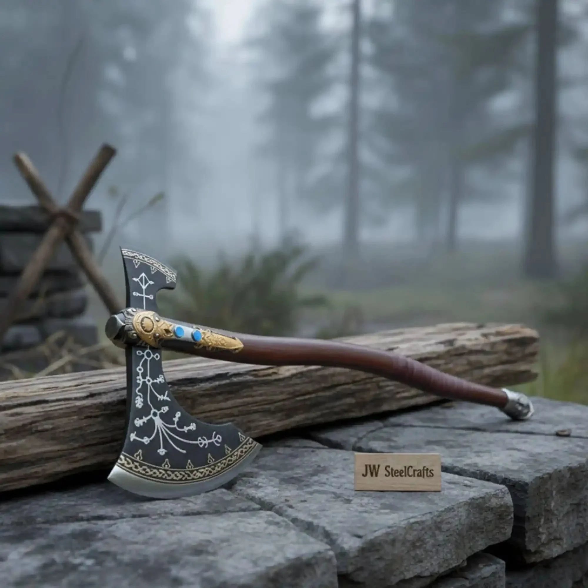 Hand Forged Viking Fantasy Double-Bit Axe with Norse Engraving, Gold Handle Fittings and Blue Gemstone Inlays