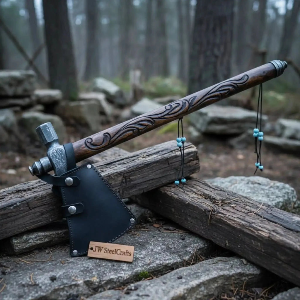 Custom Hand Forged Damascus Steel Smoking Axe – Functional Pipe Axe with Carved Hardwood Shaft