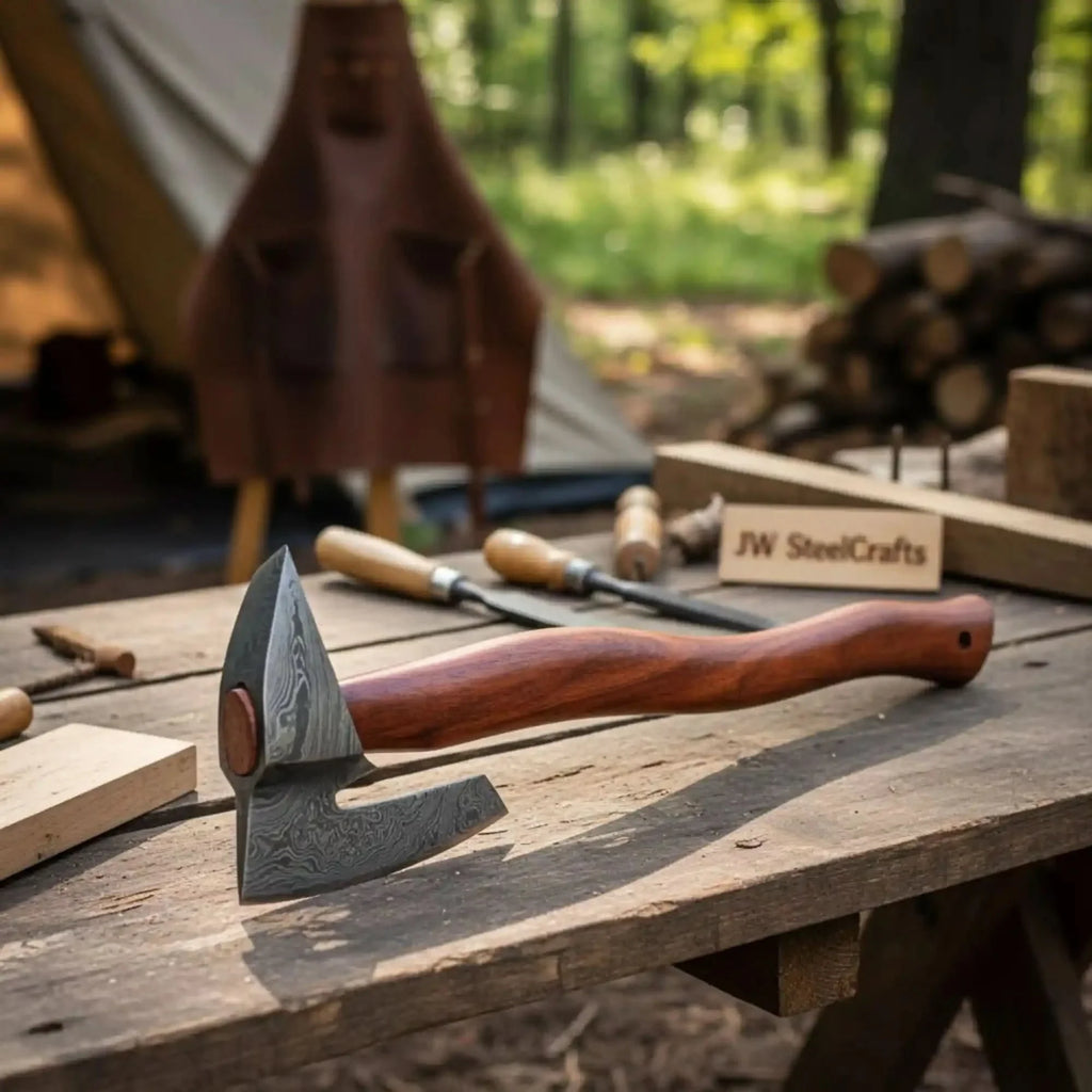 Rear Notch Bearded Axe with Angular Forged Damascus Head