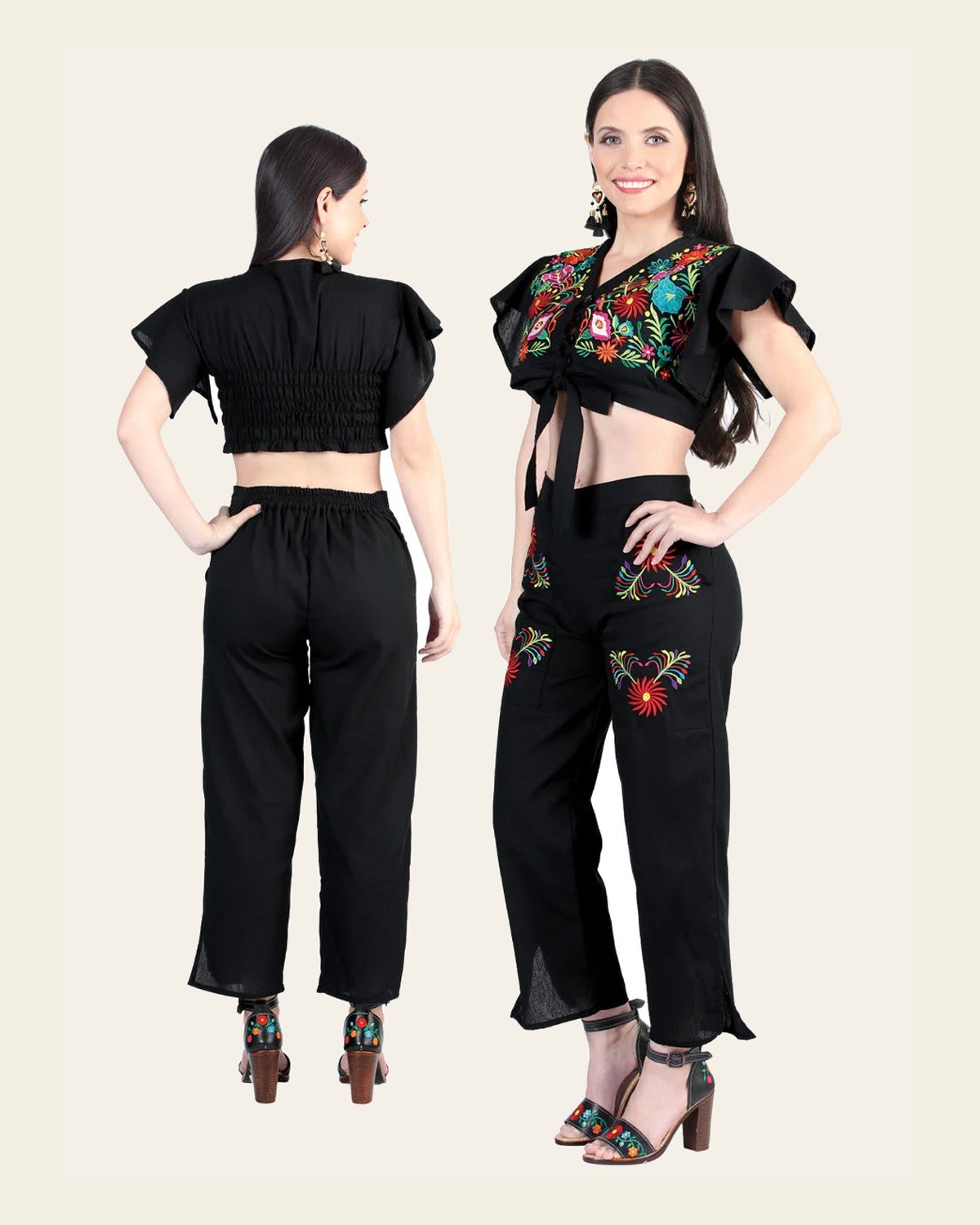 Artisanal Embroidered Set 100% Cotton Black 603996 on a warm cream background