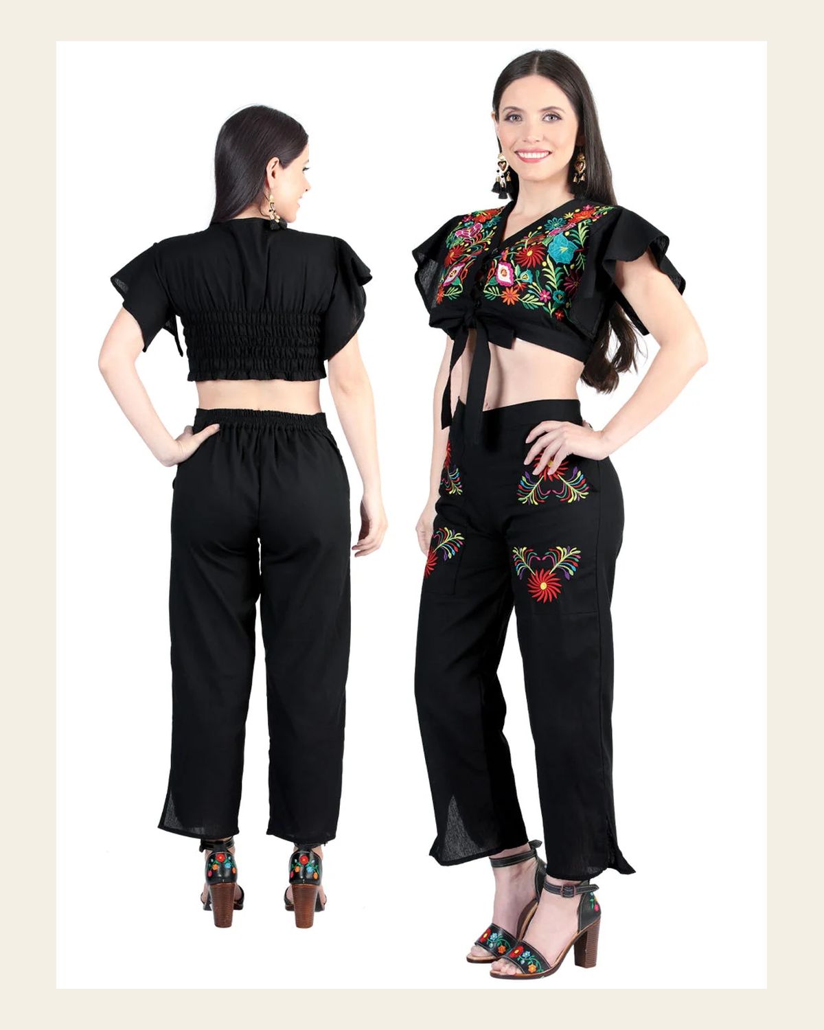 Artisanal Embroidered Set 100% Cotton Black 603996 on a warm cream background