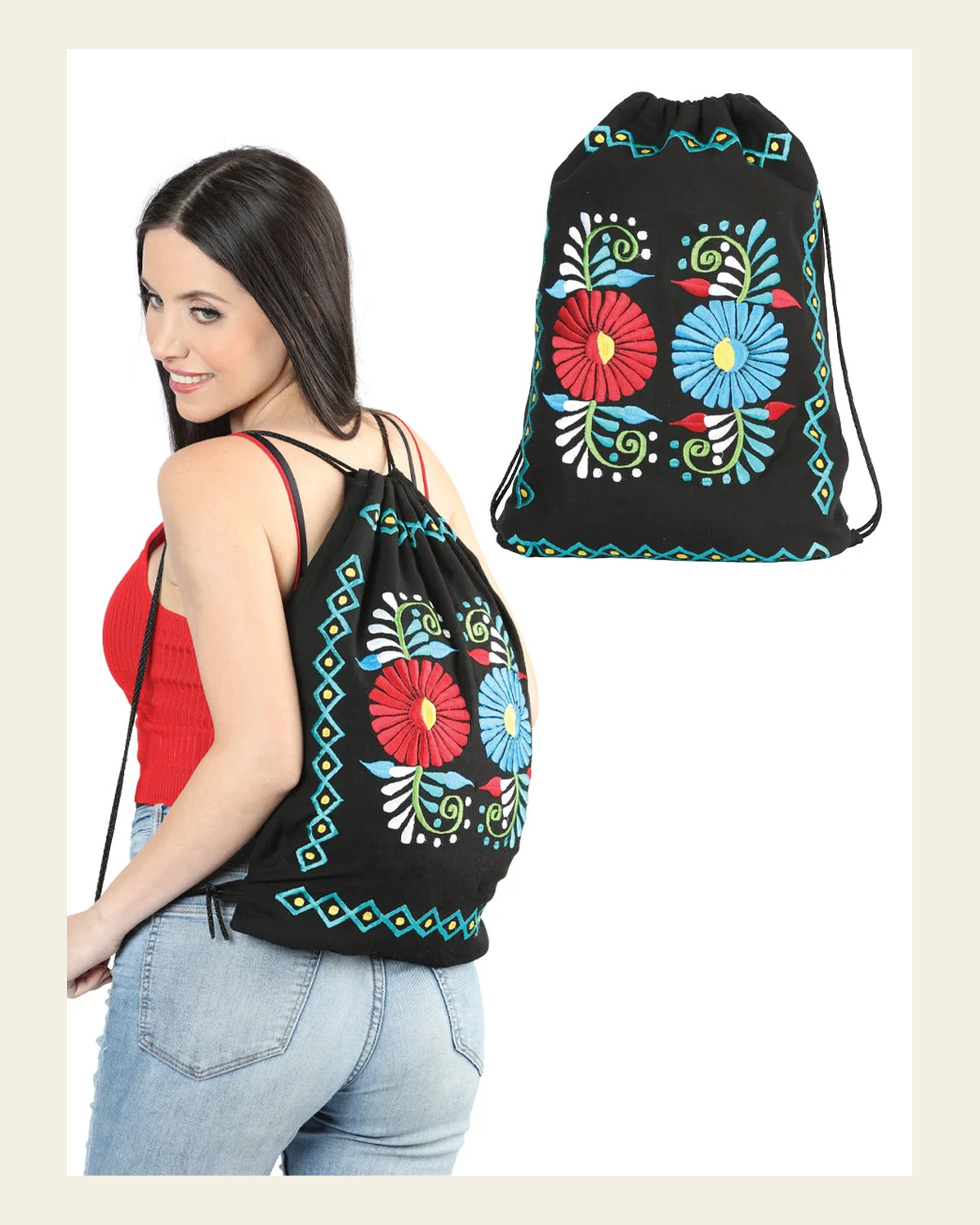 Artisanal Embroidered Bagpack 100% Cotton Black 603994 on a warm cream background