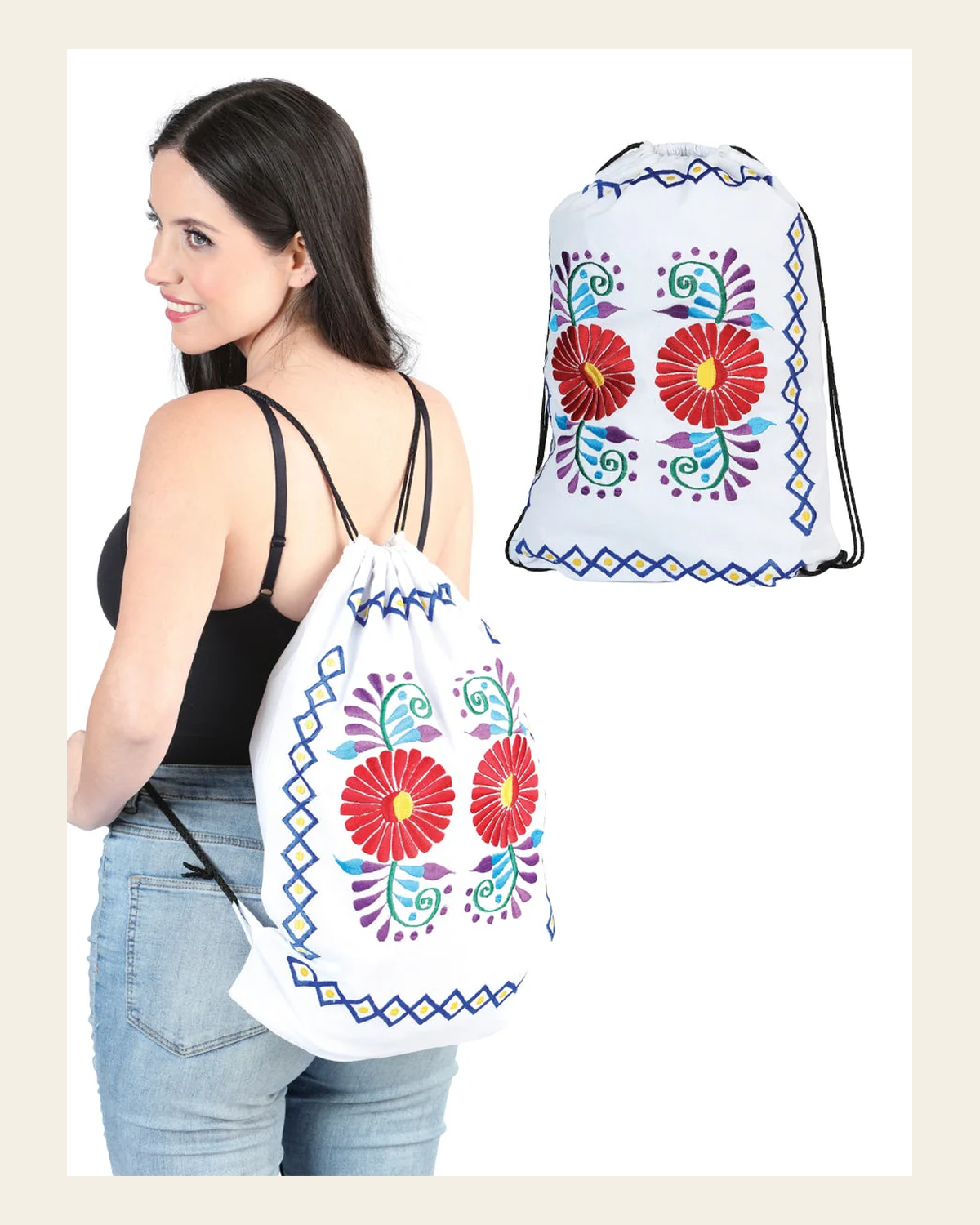 Artisanal Embroidered Bagpack 100% Cotton White 603995 on a warm cream background