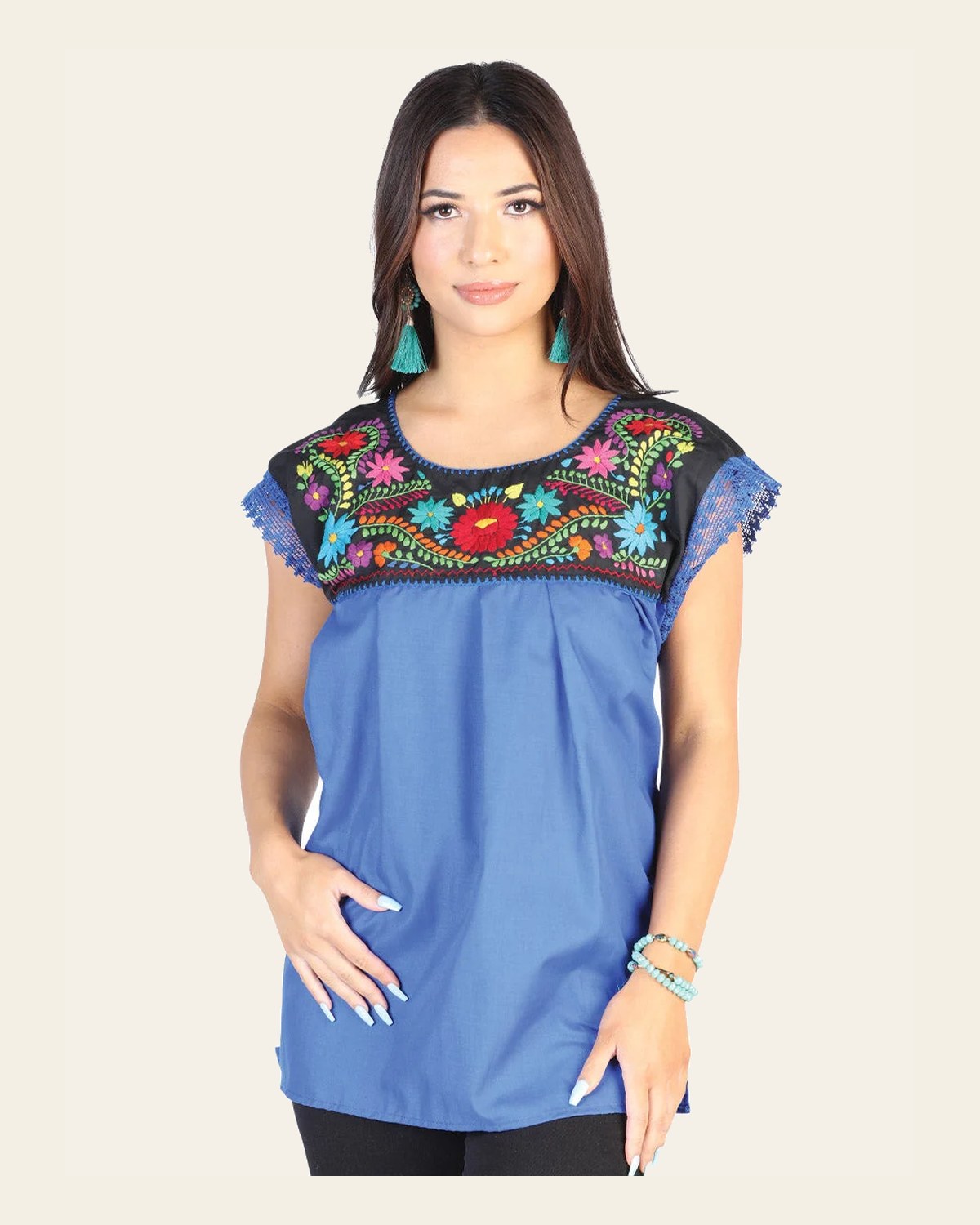 Artisanal Embroidered Blouse 50% Cotton 50% Polyester Royal Blue 602462 on a warm cream background