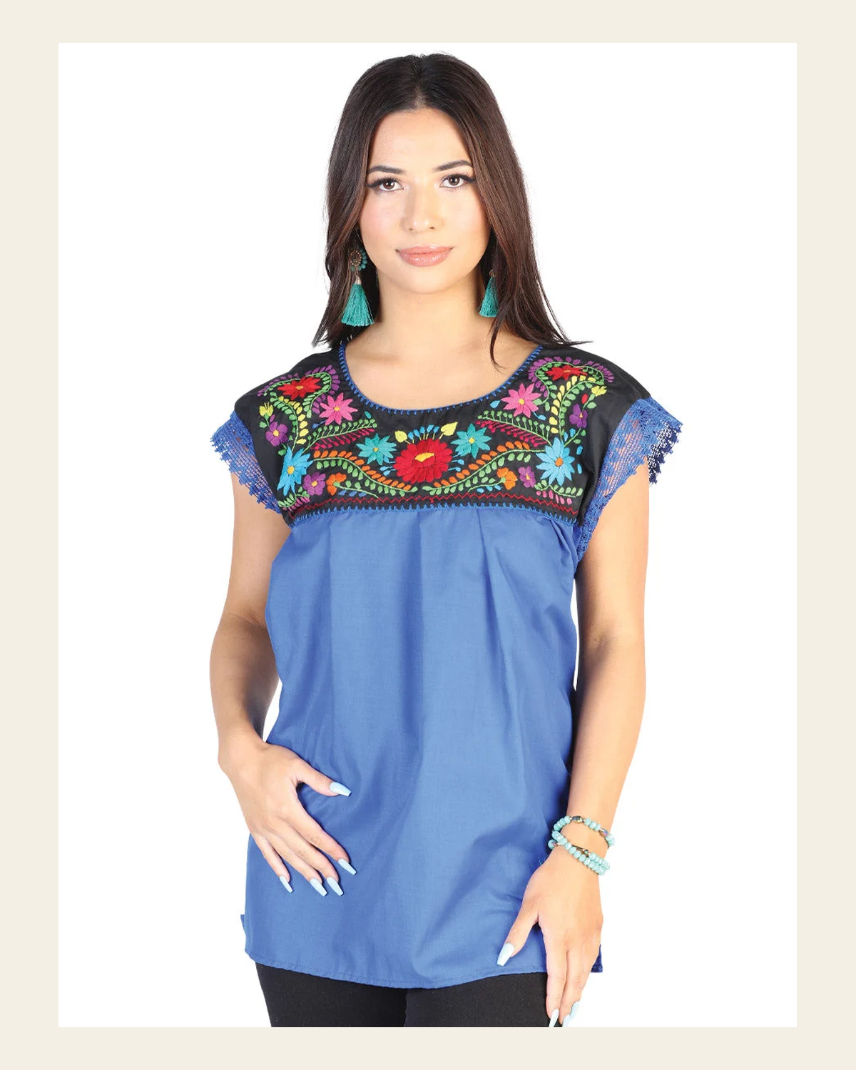 Artisanal Embroidered Blouse 50% Cotton 50% Polyester Royal Blue 602462 on a warm cream background