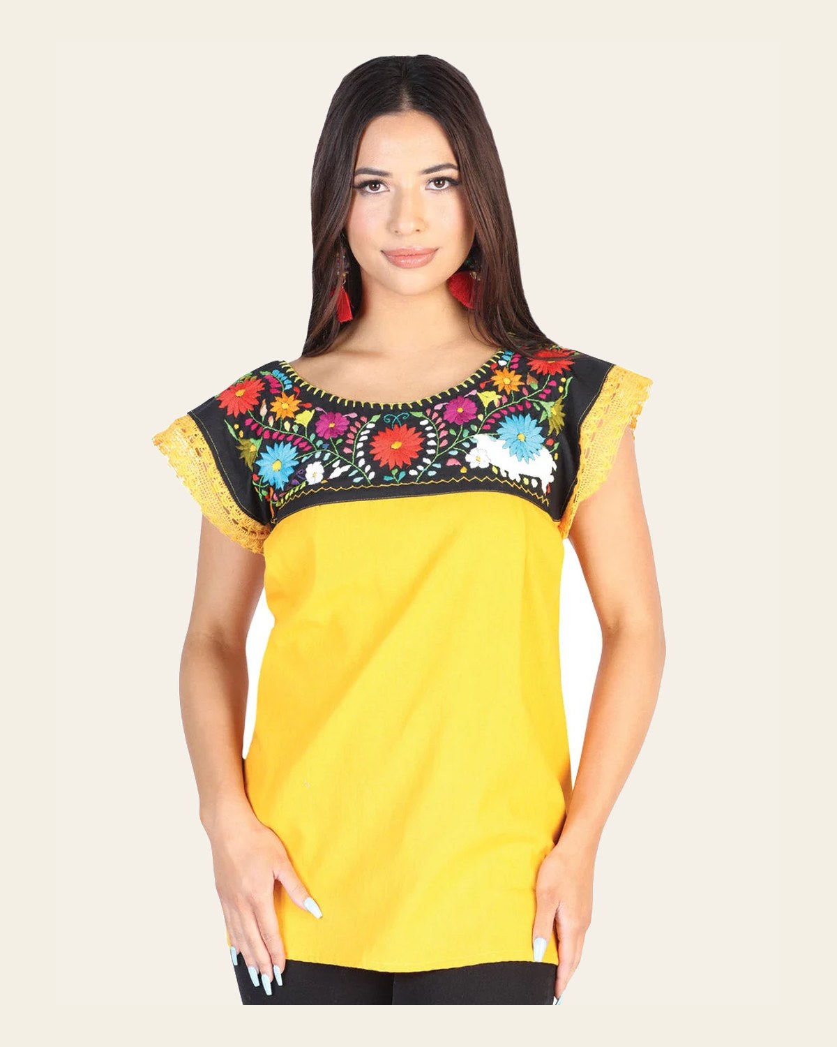 Artisanal Embroidered Blouse 50% Cotton 50% Polyester Yellow 602479 on a warm cream background