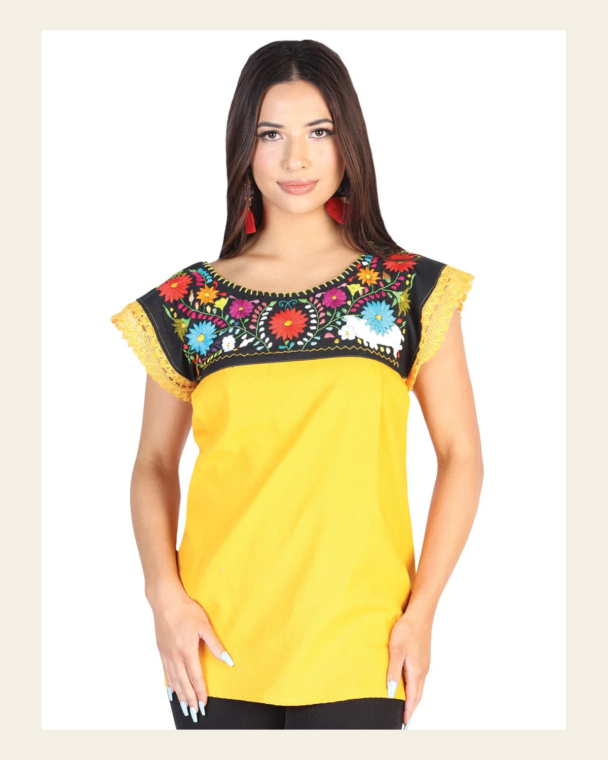 Artisanal Embroidered Blouse 50% Cotton 50% Polyester Yellow 602479 on a warm cream background