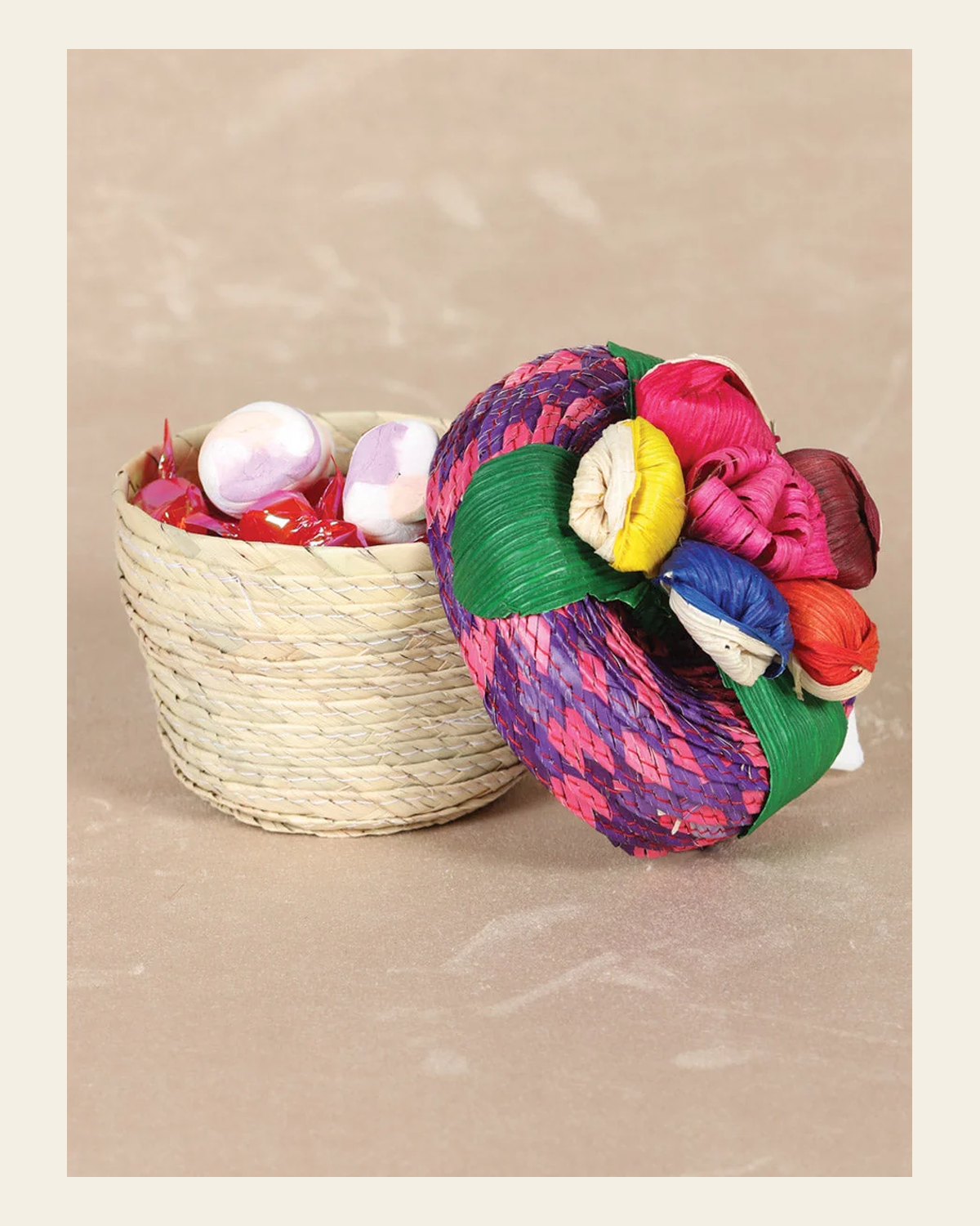 Artisanal Candy Holder/ Jewerly Holder 100% Palm Leaf Multicolor 602140 on a warm cream background