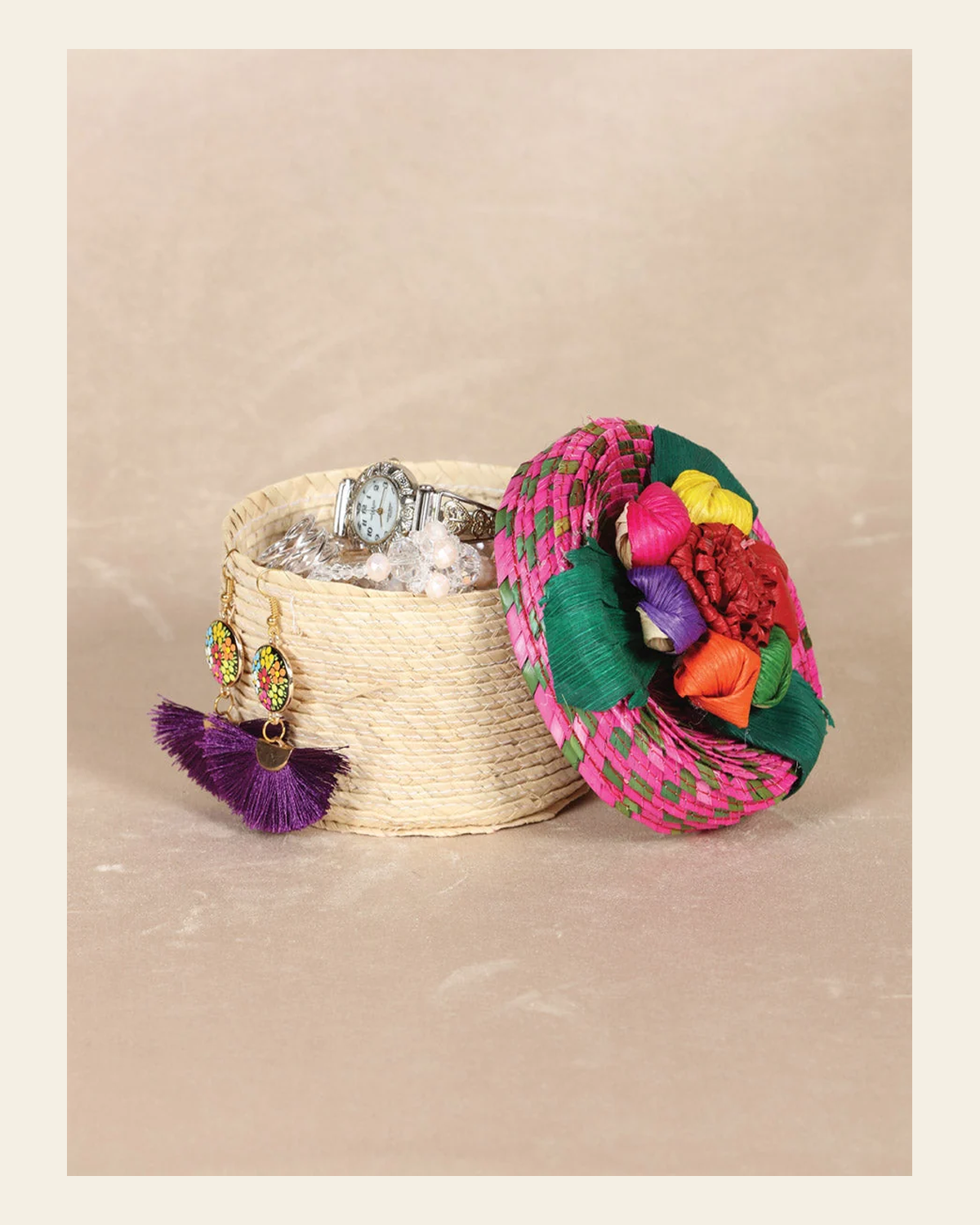 Artisanal Candy Holder/ Jewerly Holder 100% Palm Leaf Multicolor 602141 on a warm cream background