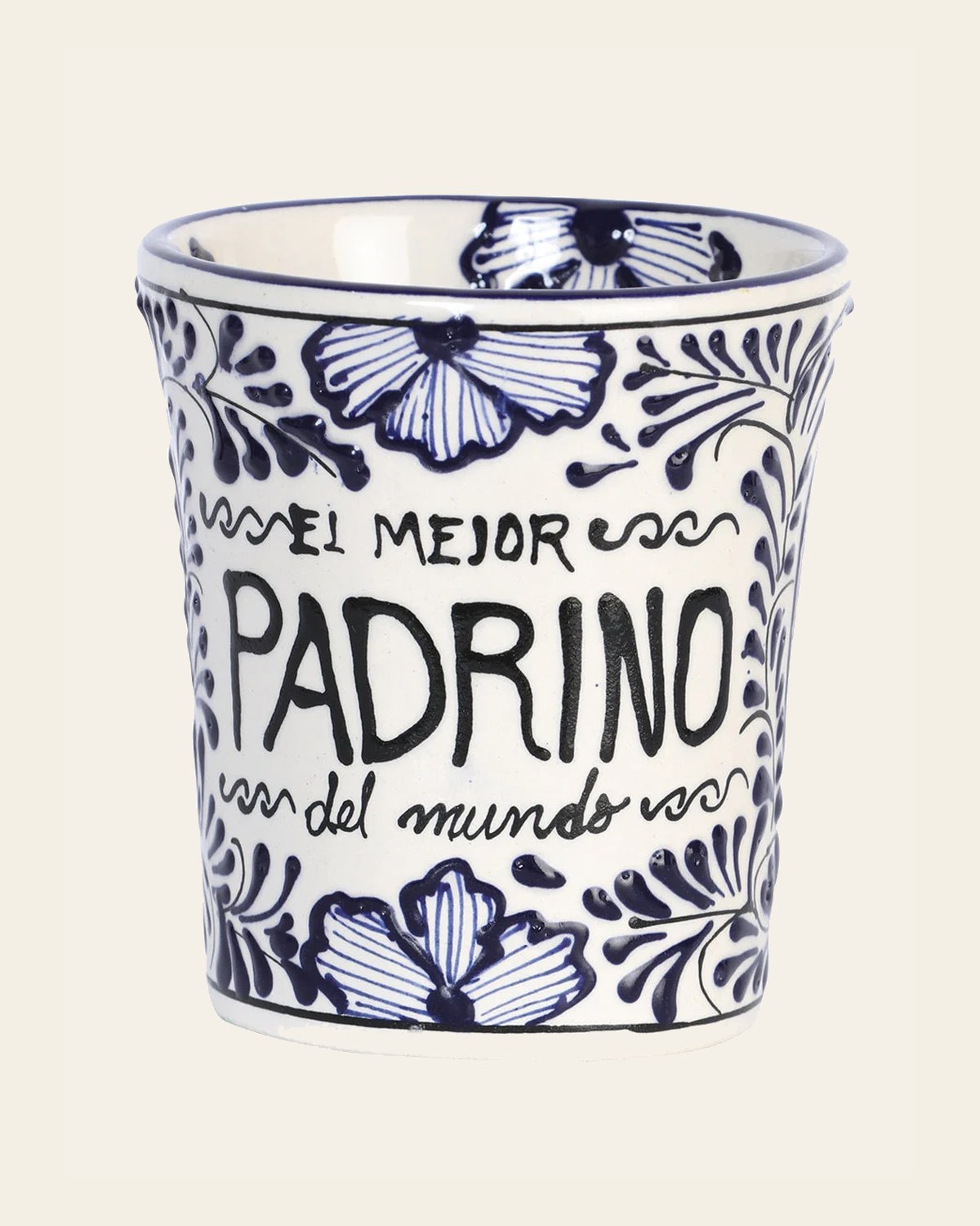 Artisanal Decorative Coffee Mug God-Father Talavera Blue 601884 on a warm cream background