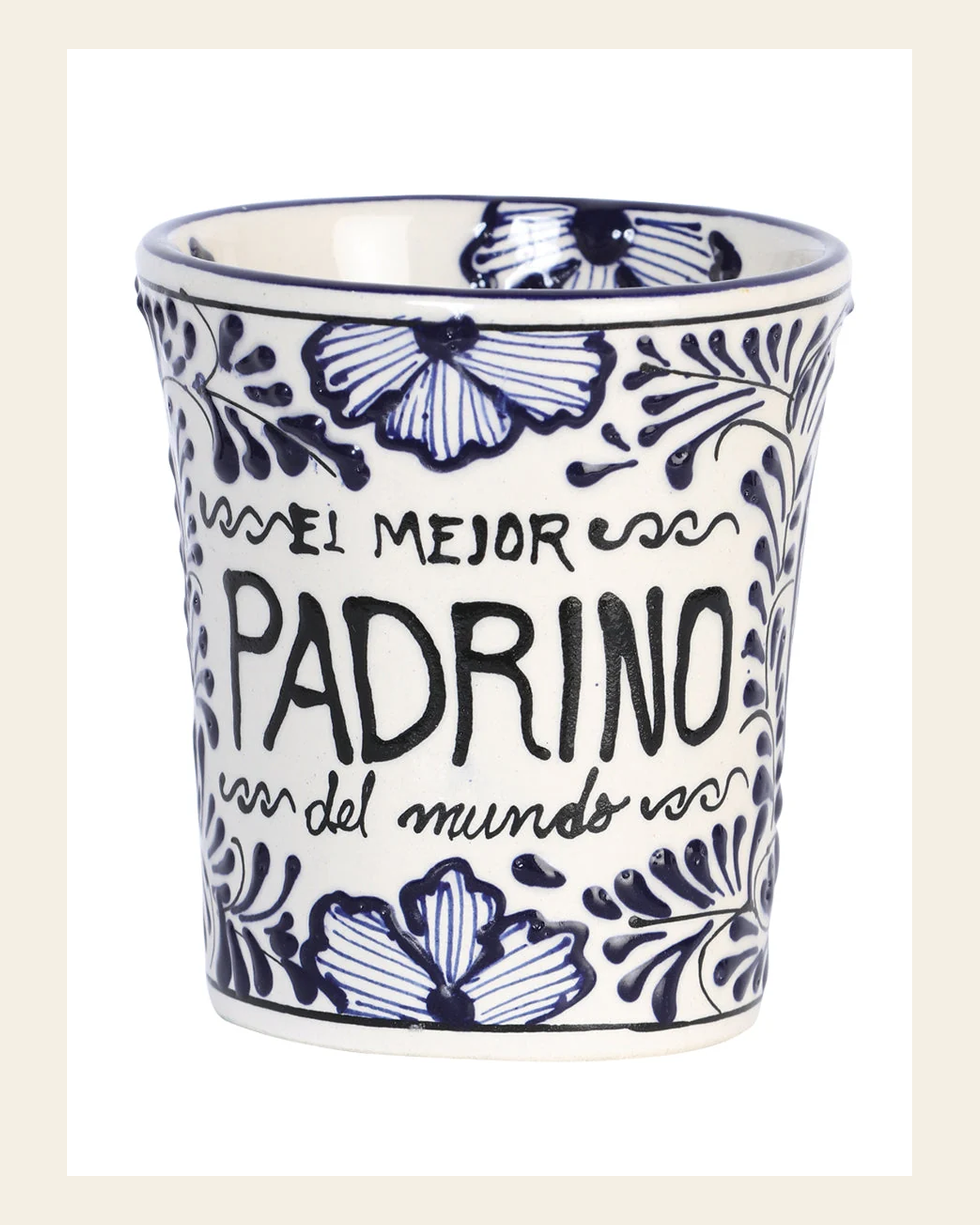 Artisanal Decorative Coffee Mug God-Father Talavera Blue 601884 on a warm cream background